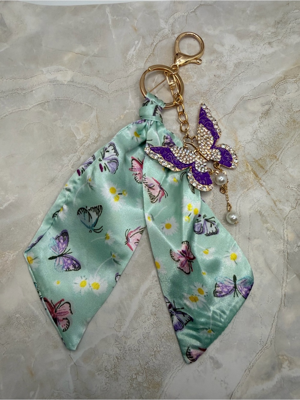 Gold Butterfly Charm Keychain with Mint Green Silk Scarf Accent